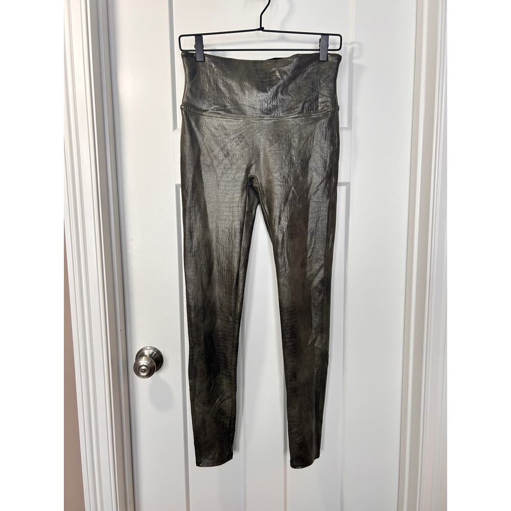 Spanx Women's Faux Leather Croc Shine Leggings Stretch Darkened Olive Size Large - Picture 5 of 16